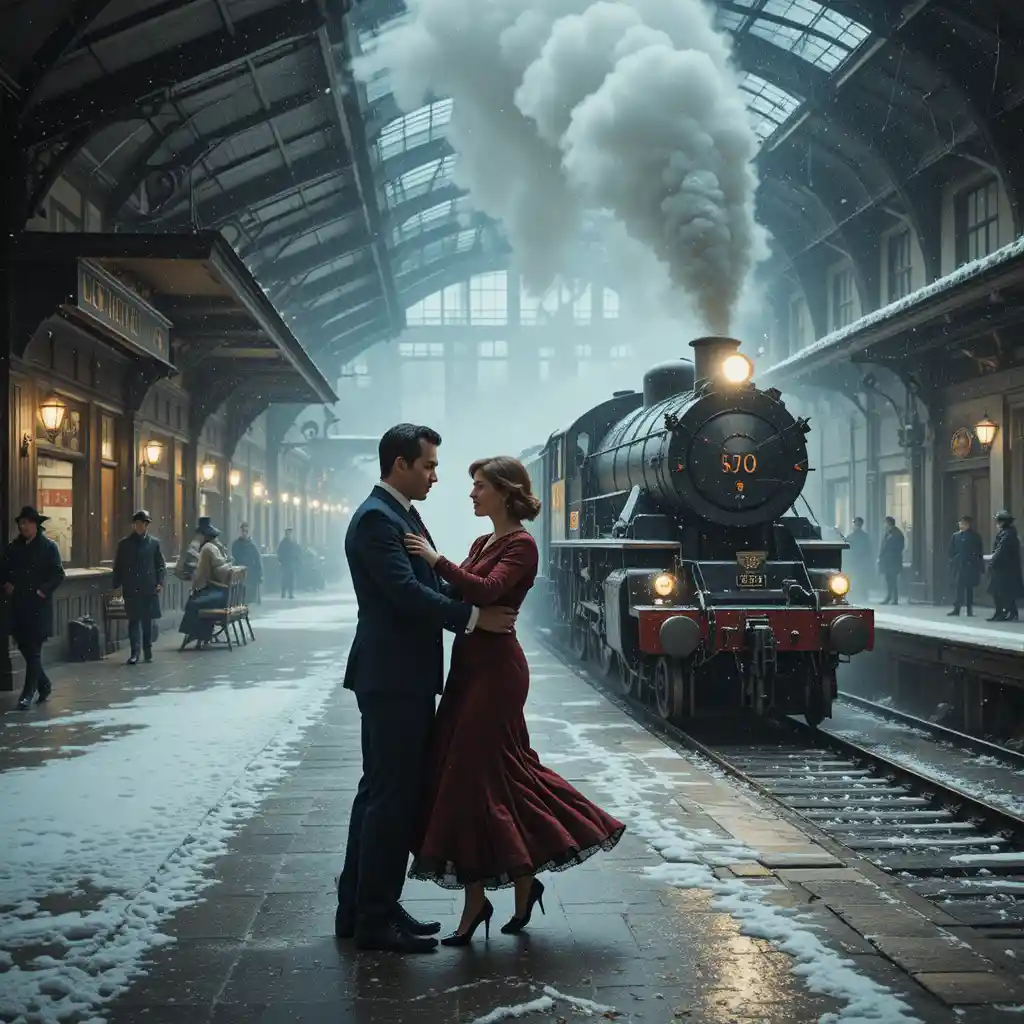 Couple Dancing Tango At Vintage Winter Train Station Platform