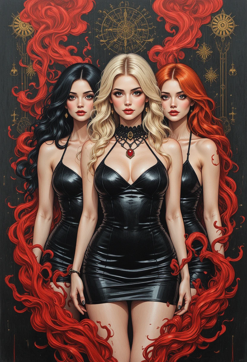 Three curvy women in swirling red and black smoke sketch