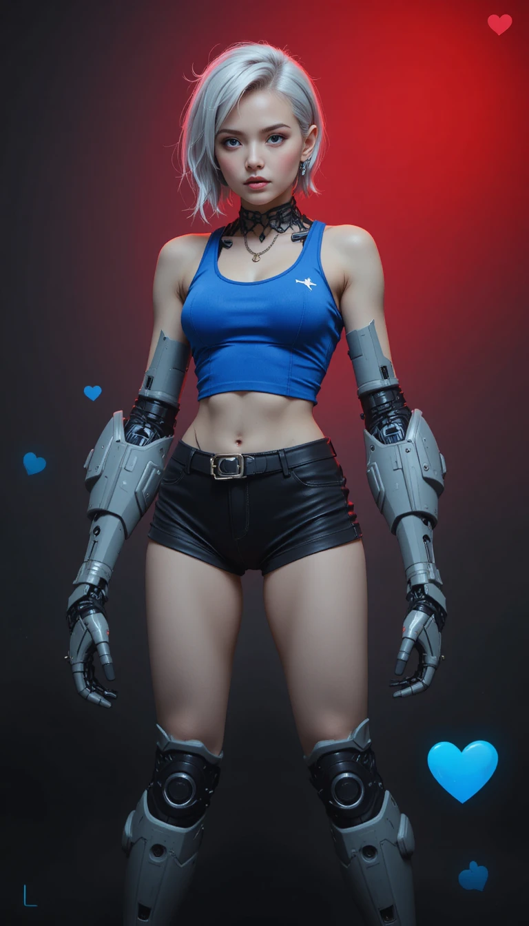 Cyborg woman with robotic limbs on dark red gradient