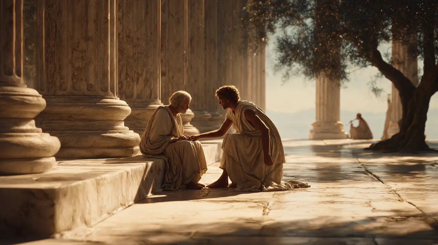 Young figure helping an elderly person in a marble temple