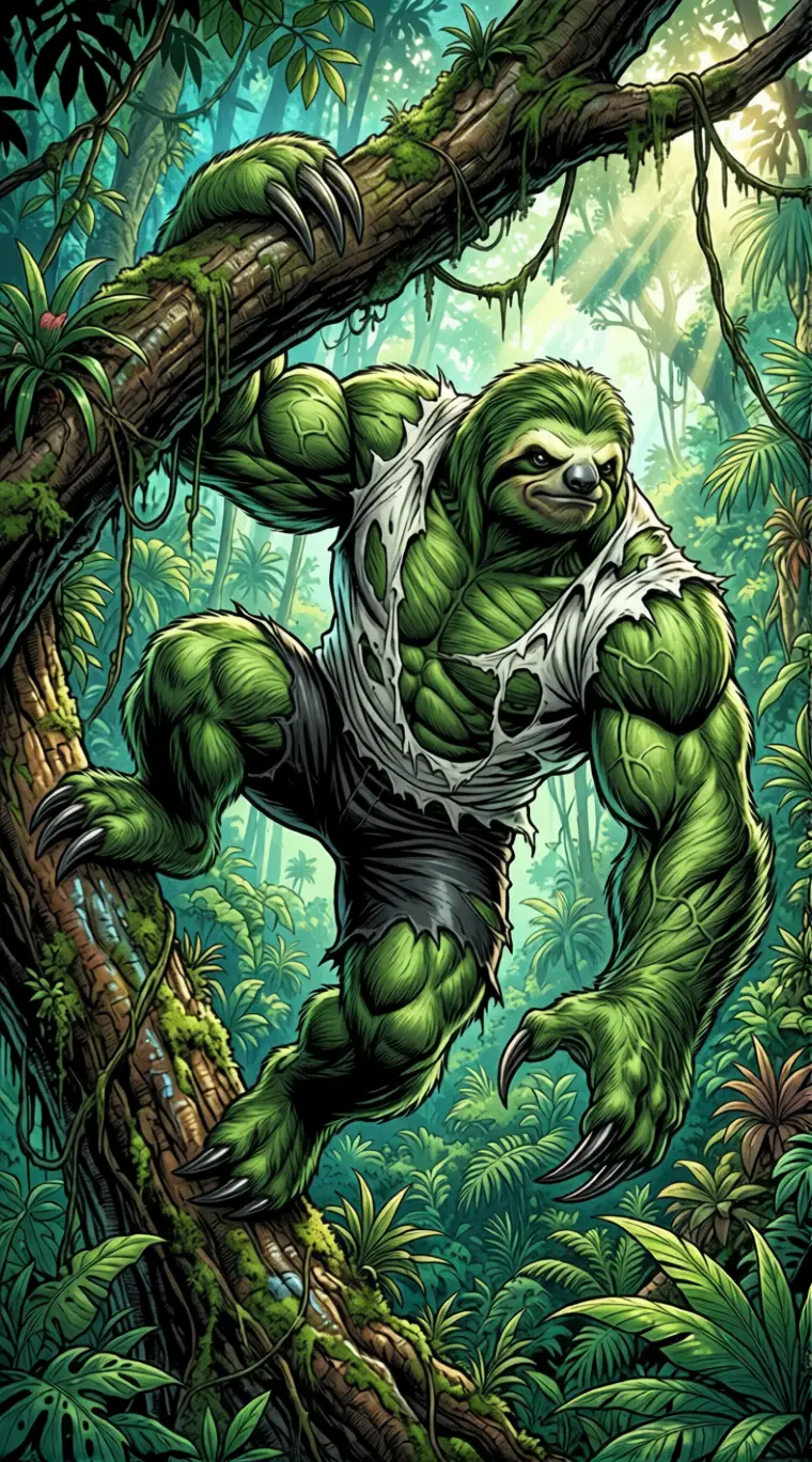 Muscular green sloth hero clinging to a jungle tree