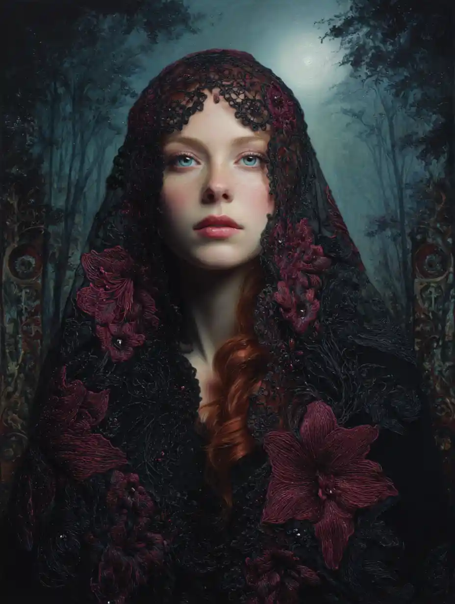 Veiled woman with glowing eyes in a moonlit forest