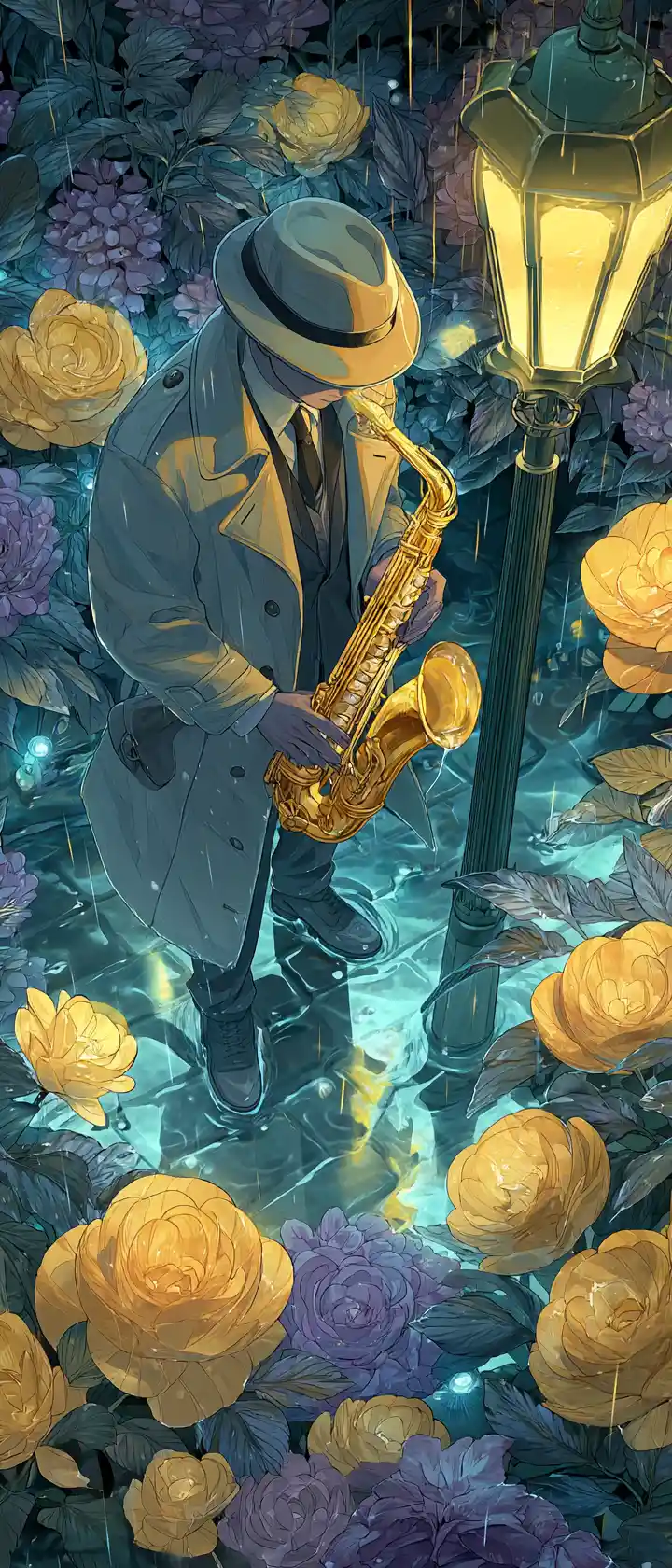 Anime saxophonist playing on a rainy midnight city street