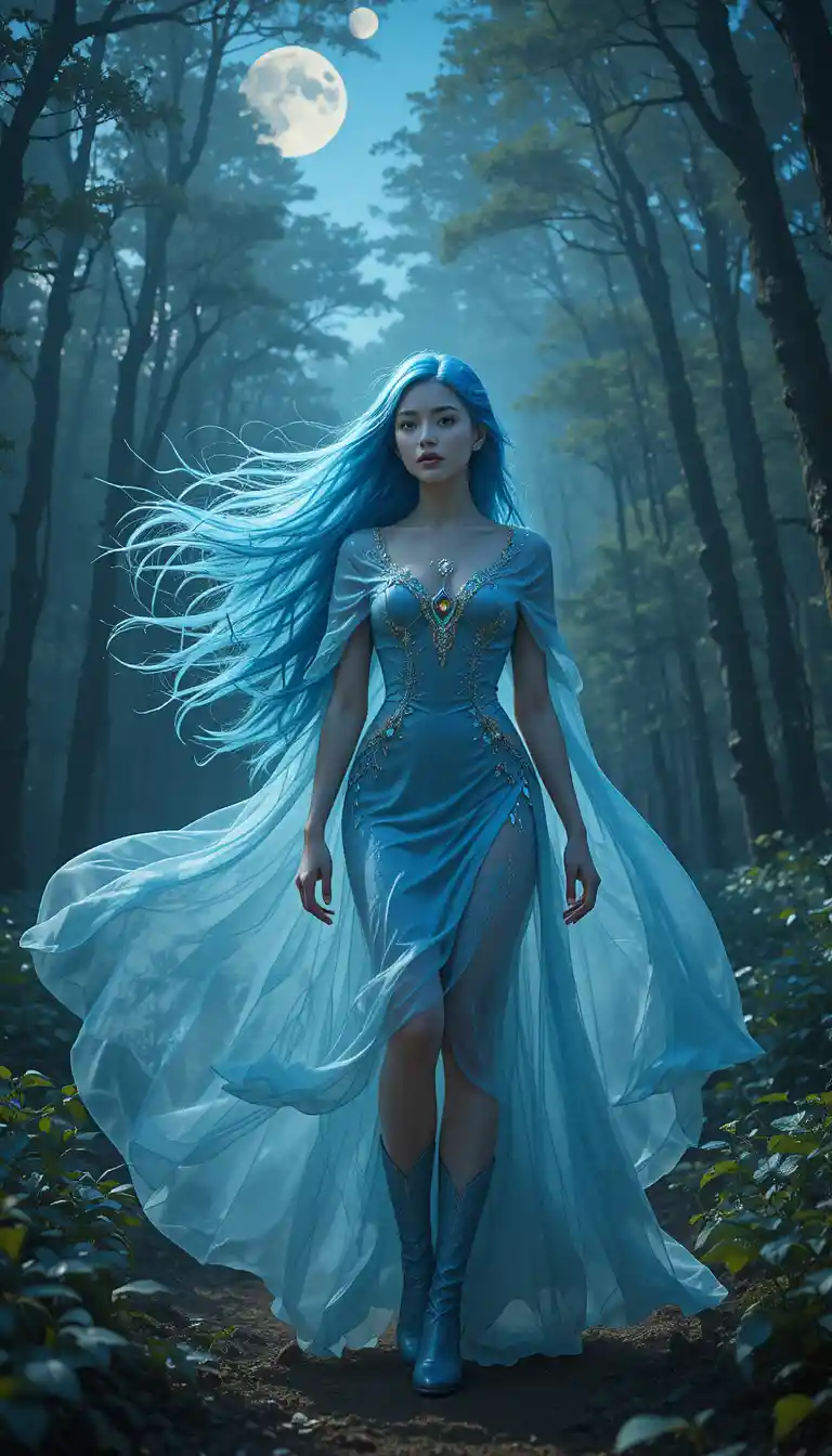 Blue haired mage with staff standing in a dense forest