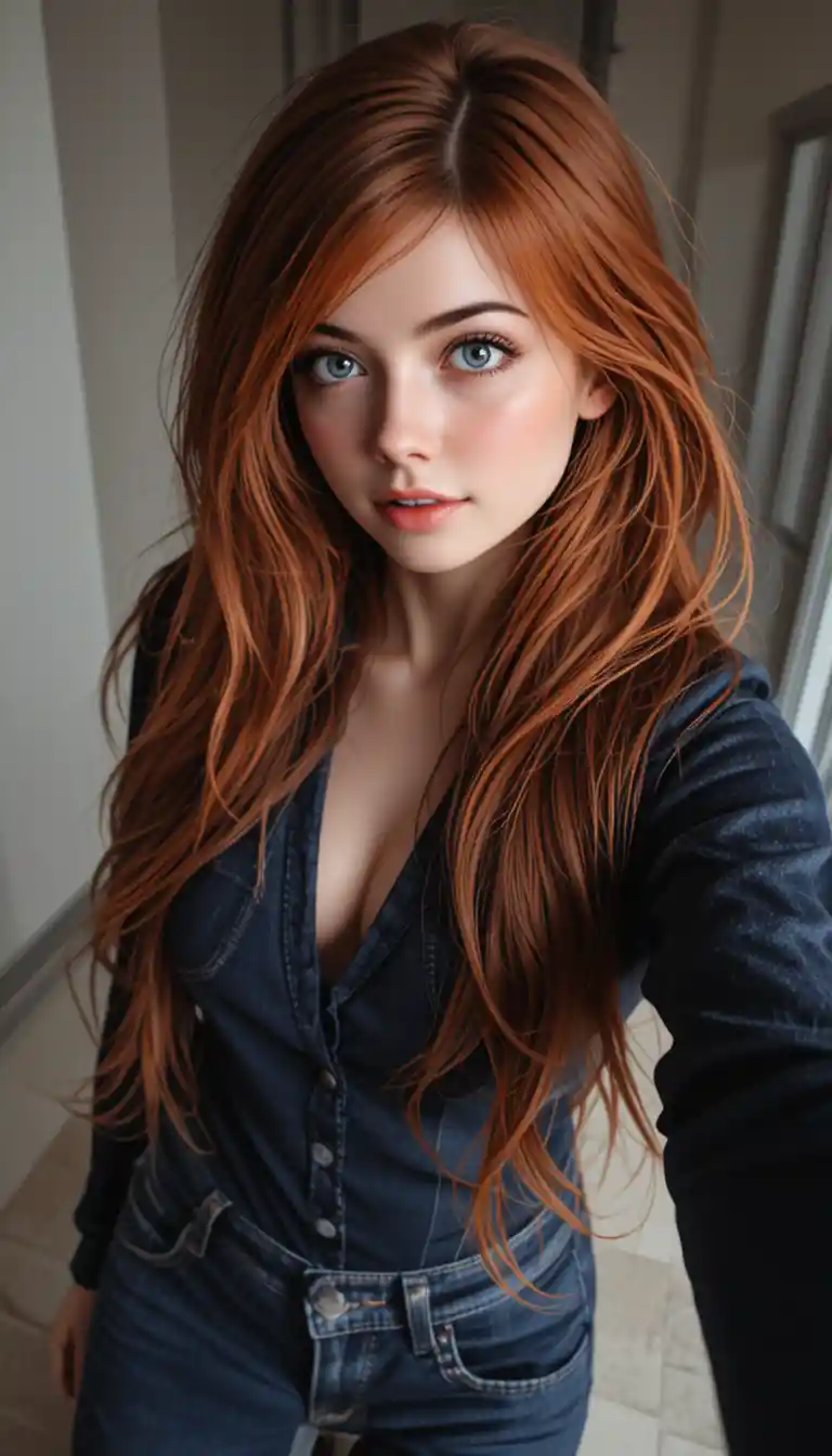 Ragazza minuta dai capelli rossi in denim che si scatta un selfie in prima persona