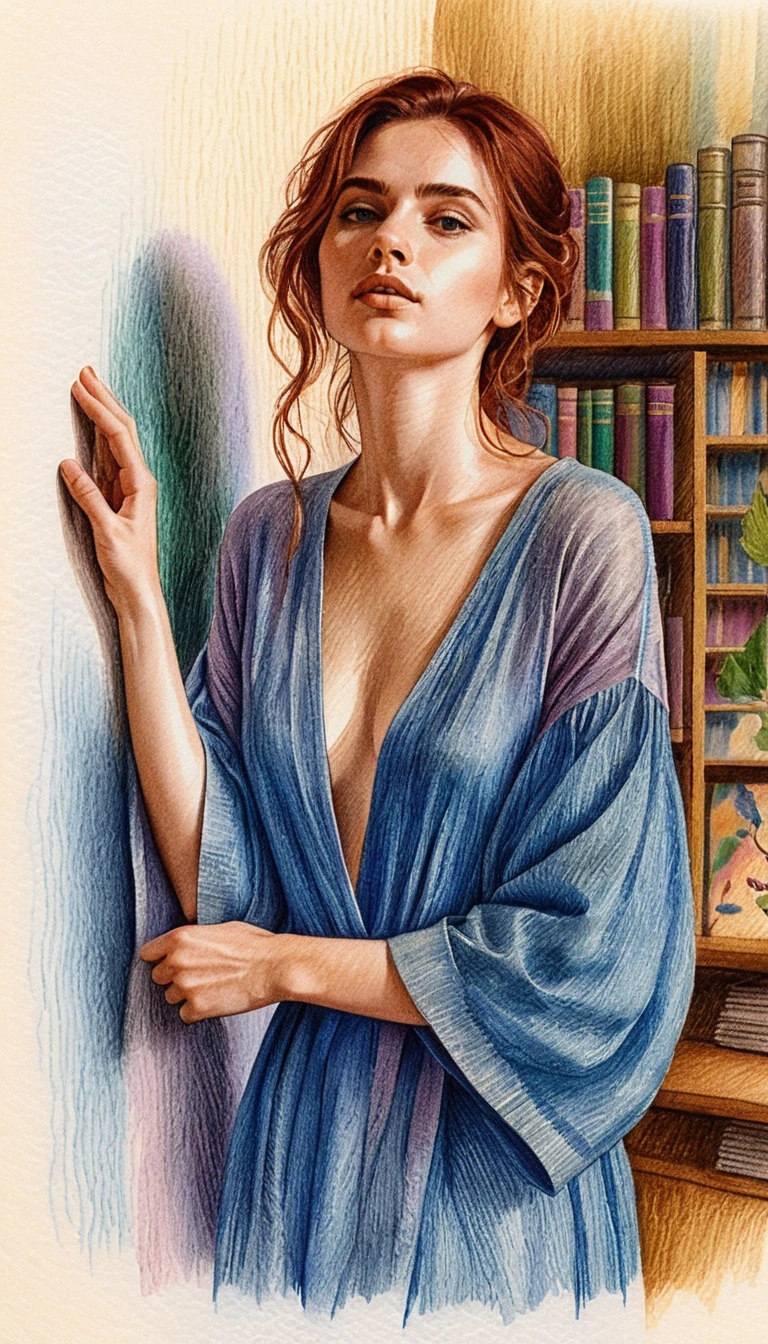 Elegant woman in blue robe colored pencil portrait