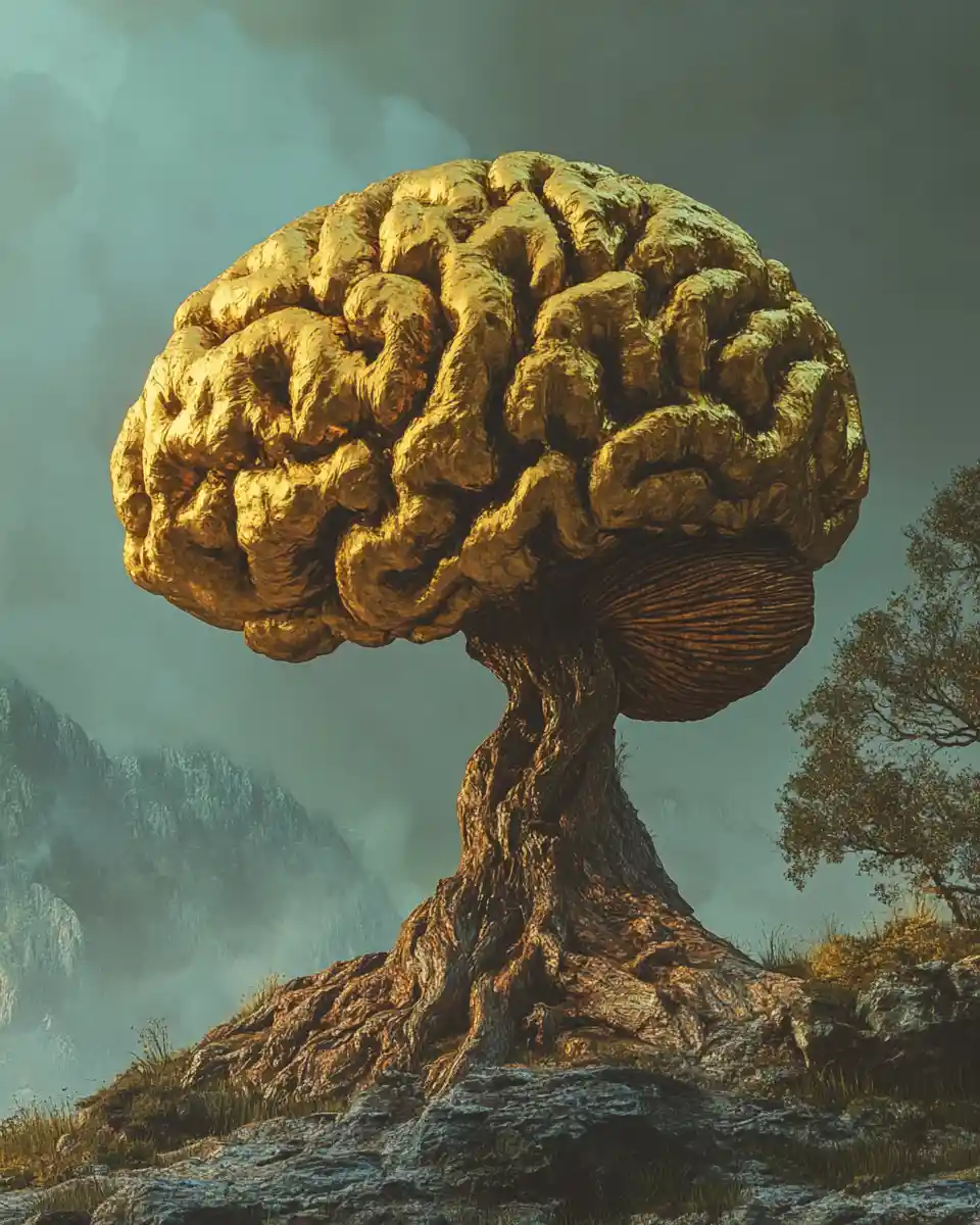 Golden brain growing like a living tree in fantasy landscape