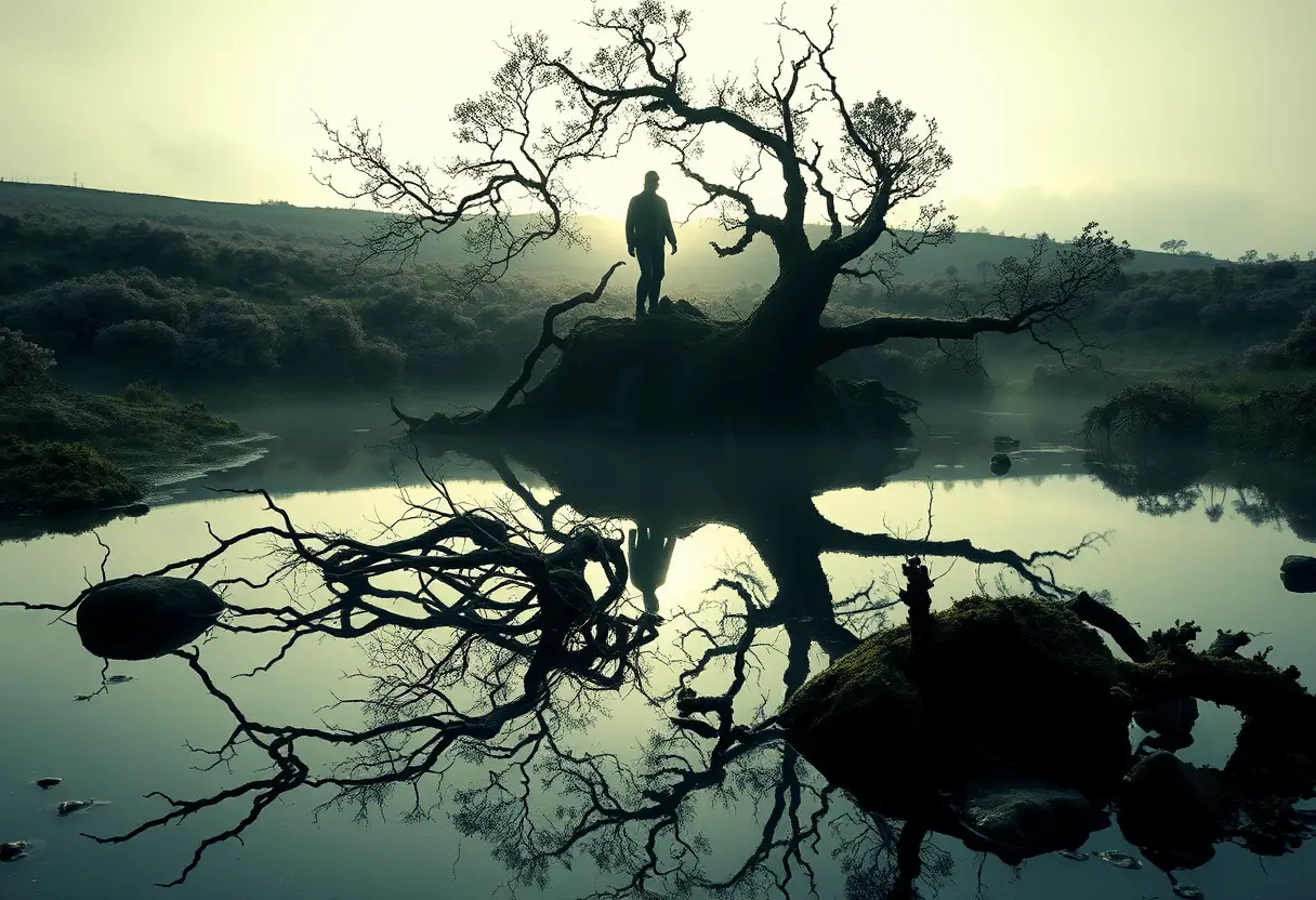 Lone figure fading into misty moor at pale dawn