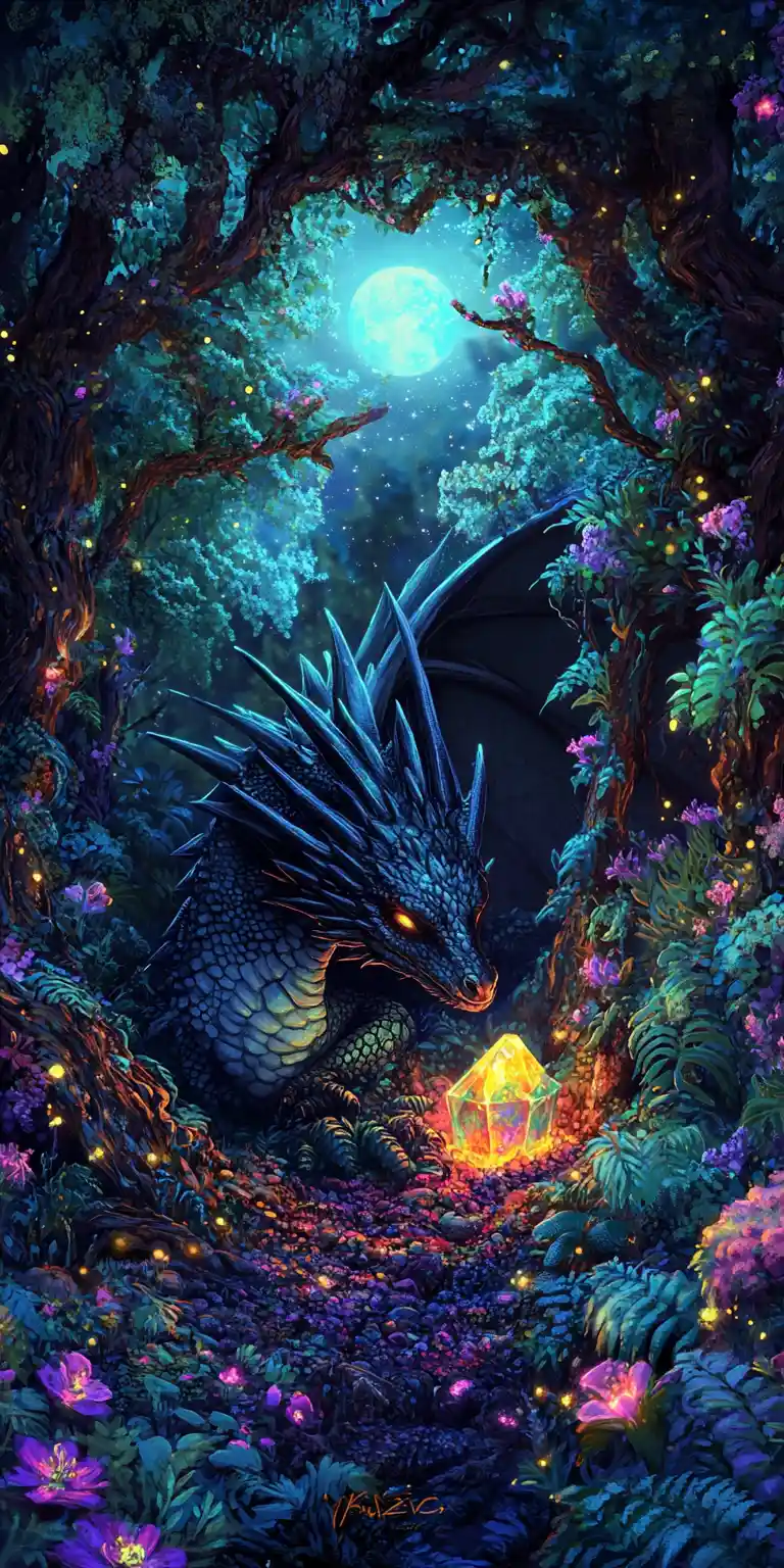 Dragon Guarding Glowing Crystal In Enchanted Twilight Forest