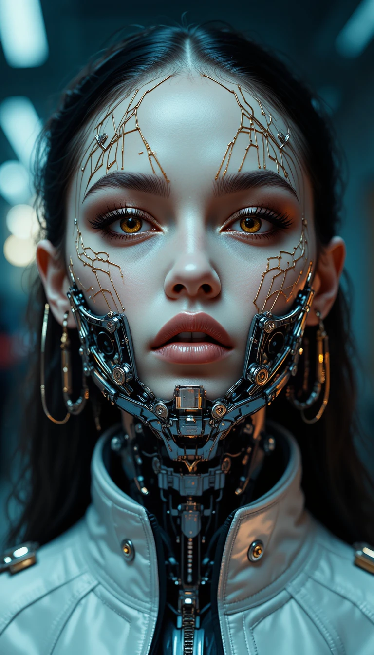 Cyberpunk cyborg woman with chrome jaw and amber eyes