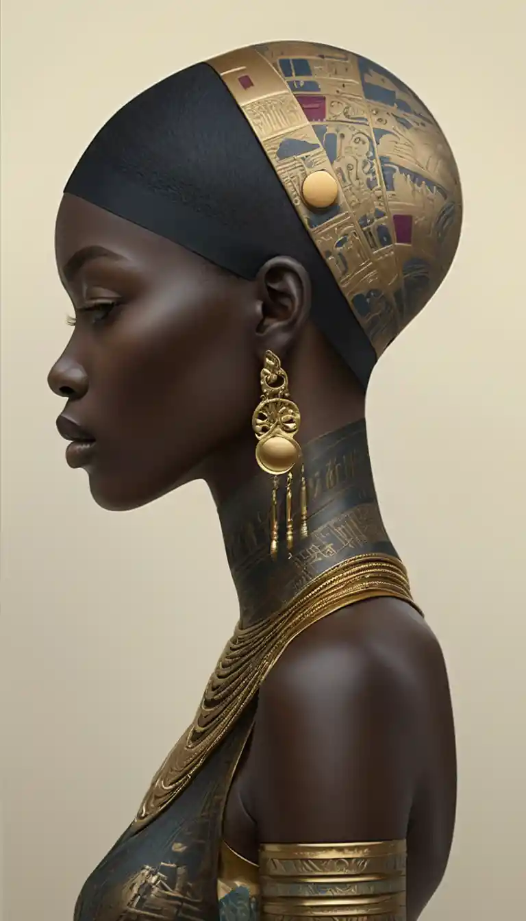 Regal side profile portrait with golden futuristic headpiece