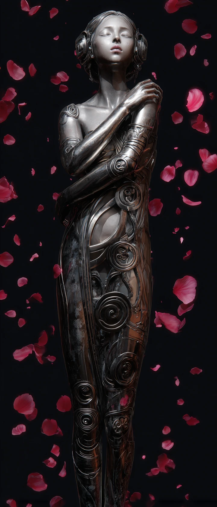 Melancholic crystal woman statue against dark falling petals