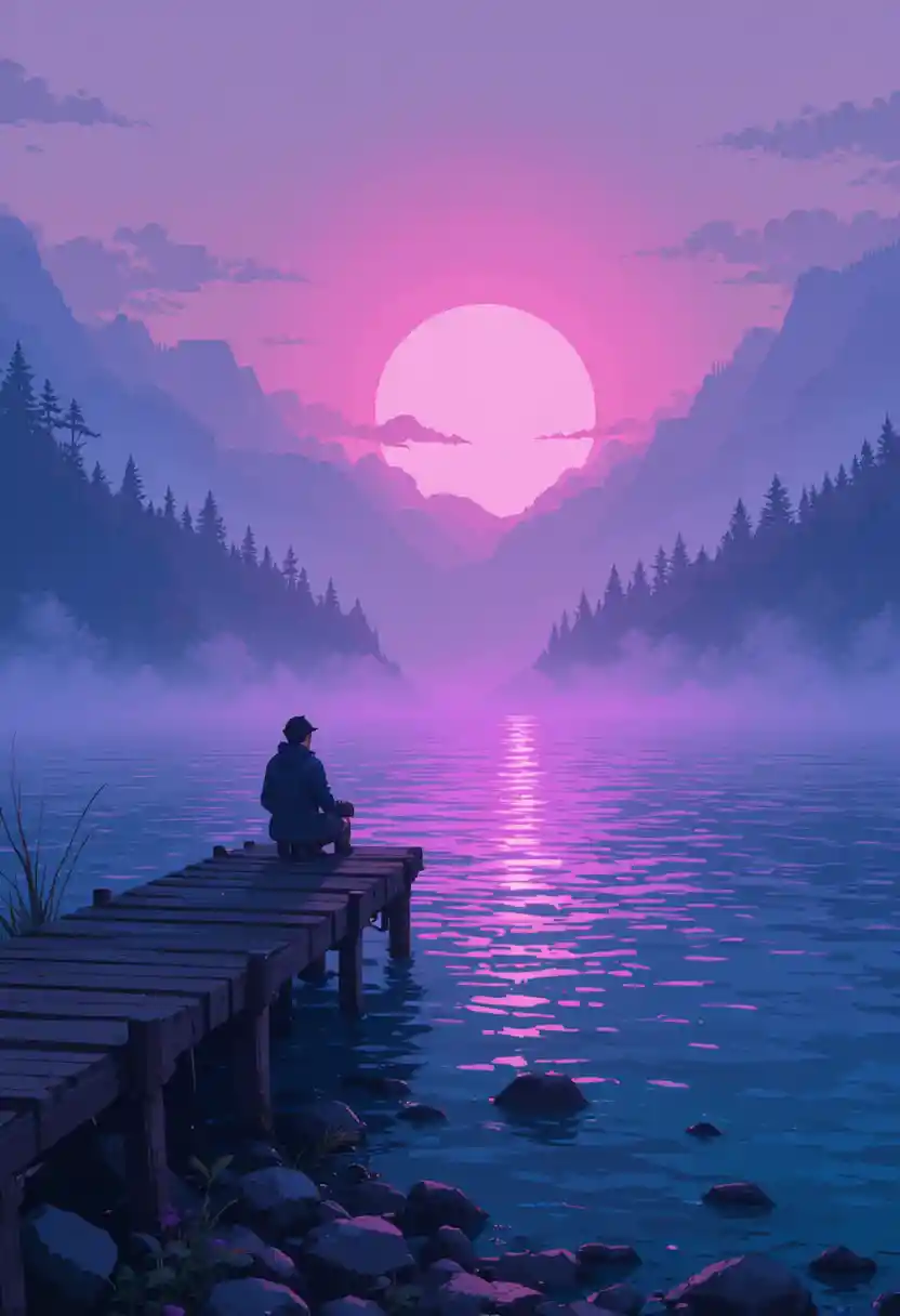 Misty Pixel Art Dawn Over A Glowing Bioluminescent Lake