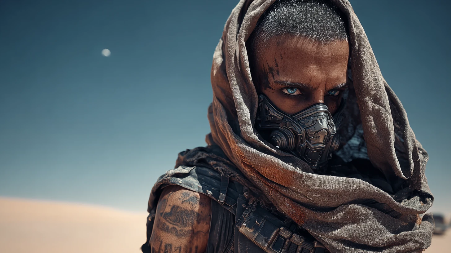 Bald sci fi man in respirator mask standing in desert