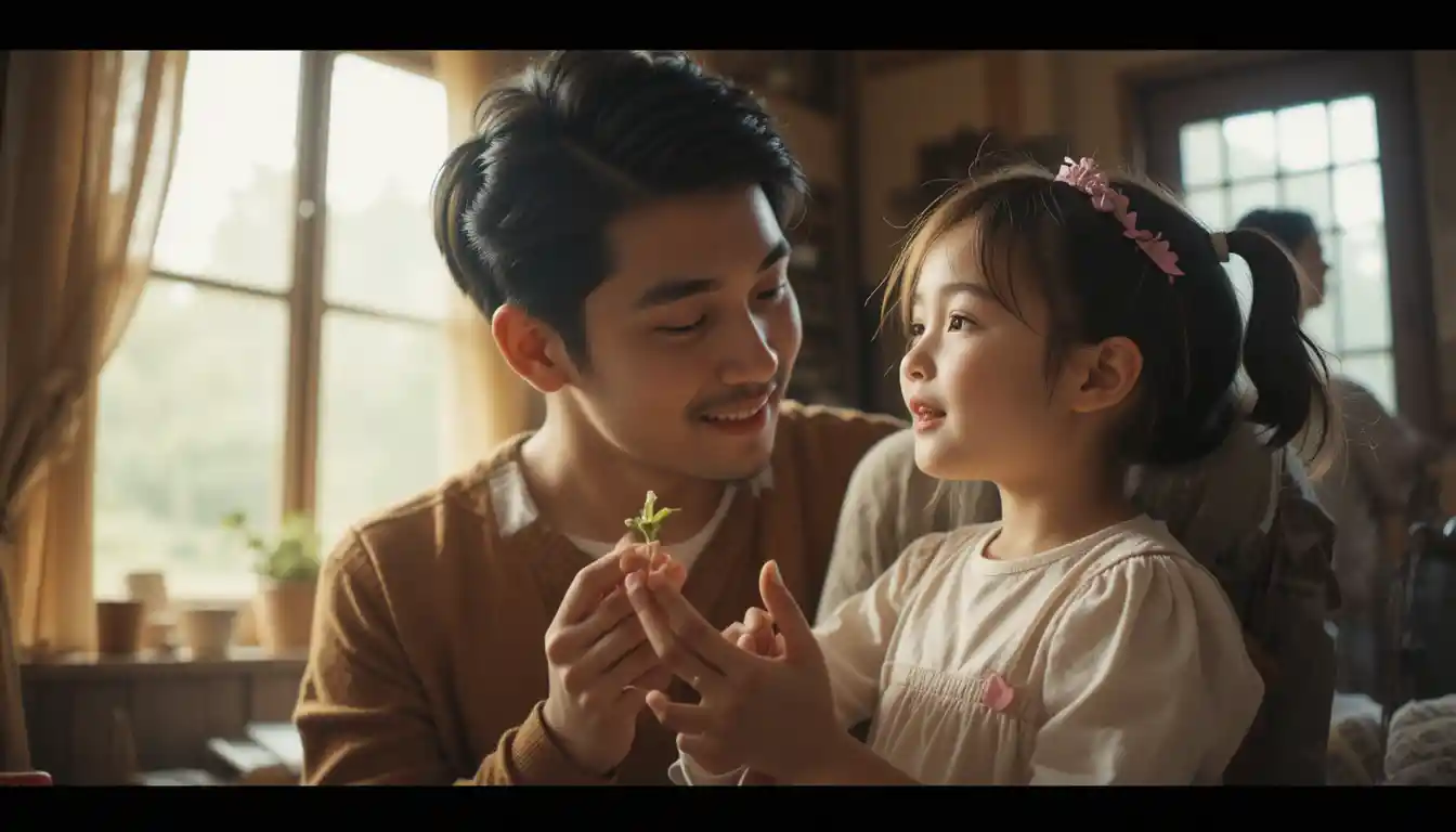 Father sharing a tender moment with his curious young daughter