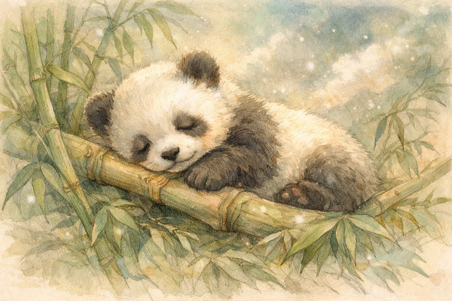 Cachorro de panda somnoliento descansando entre bambú en acuarela suave