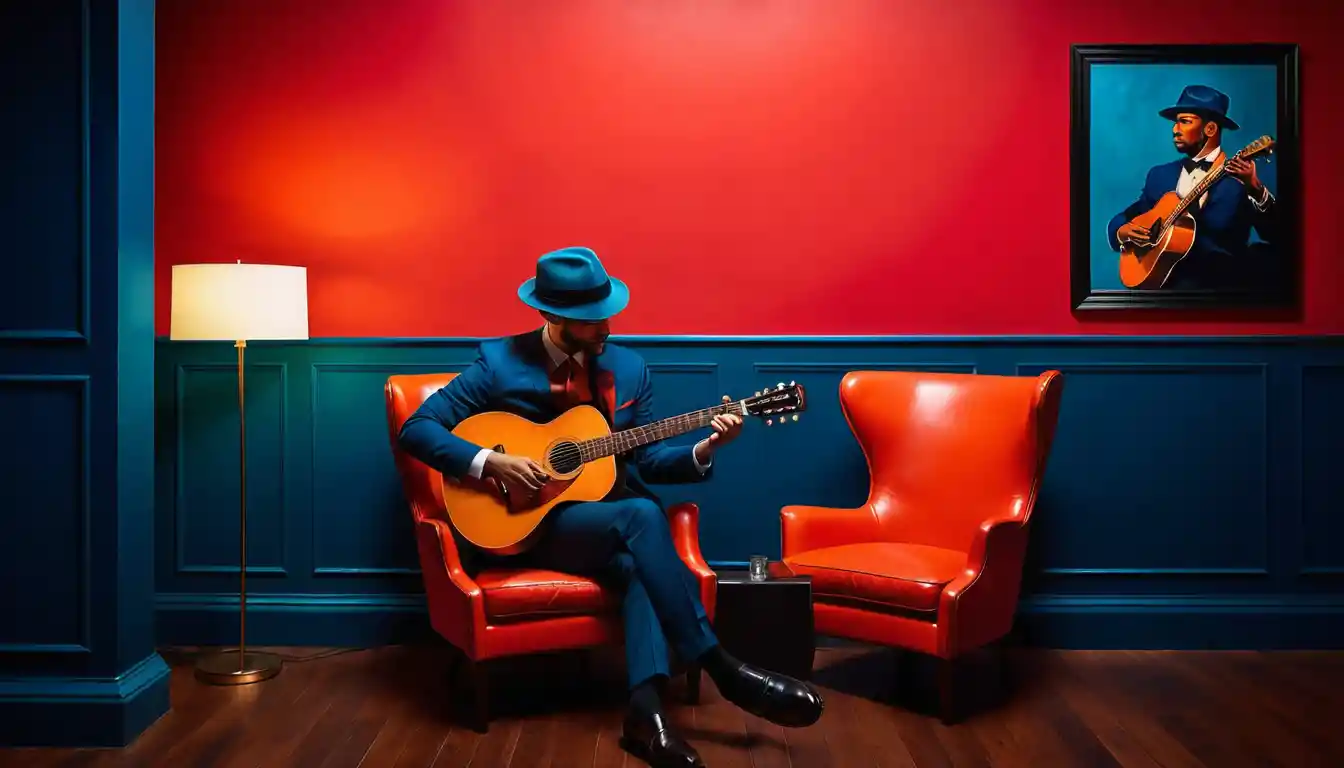 Musician In Blue Suit Playing Guitar Against Red Wall