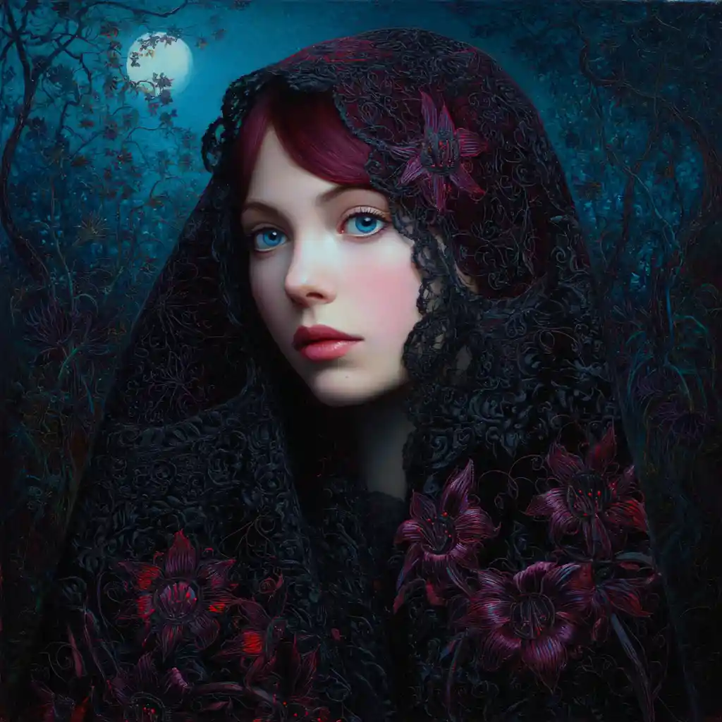 Enigmatic woman veiled in lace amid moonlit forest