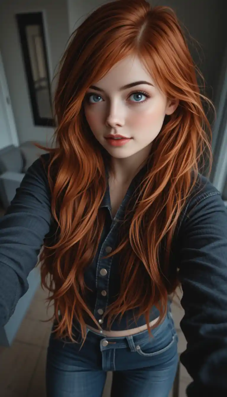 Young red haired woman in denim taking a selfie pov