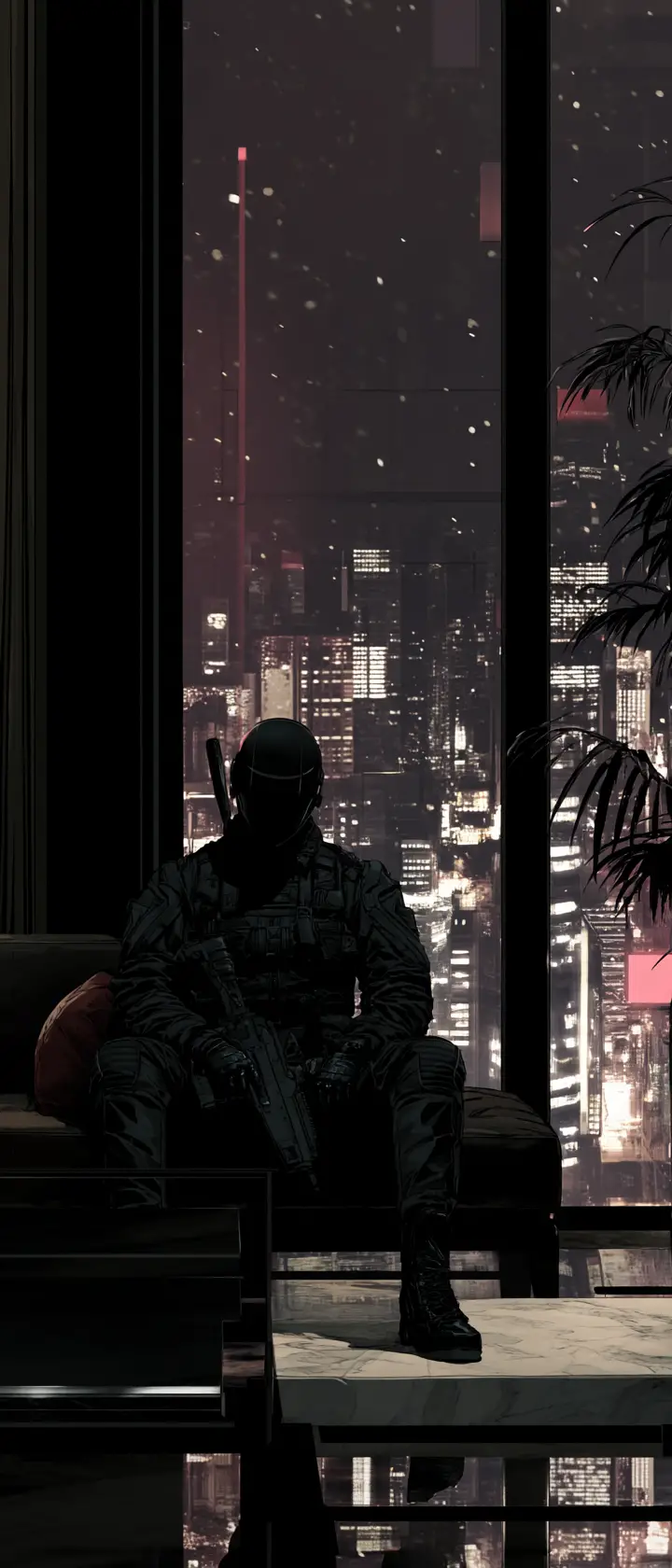 Anime assassin stealth kill in a dark luxury penthouse