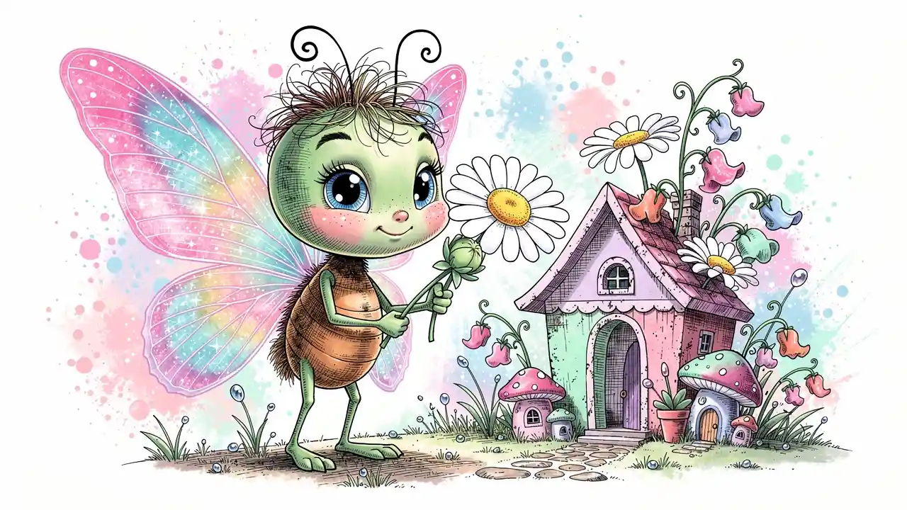Whimsical Butterfly Character Holding Daisy In Fairy Garden