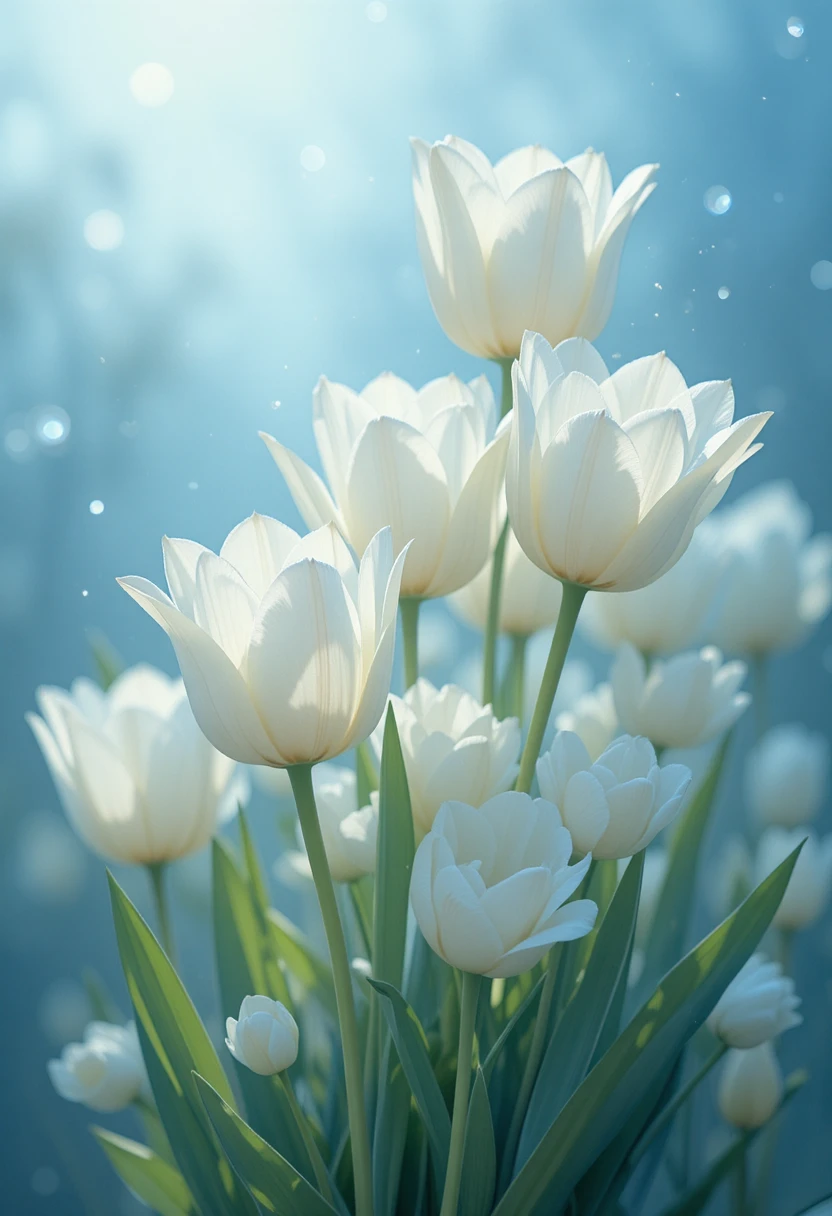 Ethereal White Tulip Bouquet In Misty Blue Dream