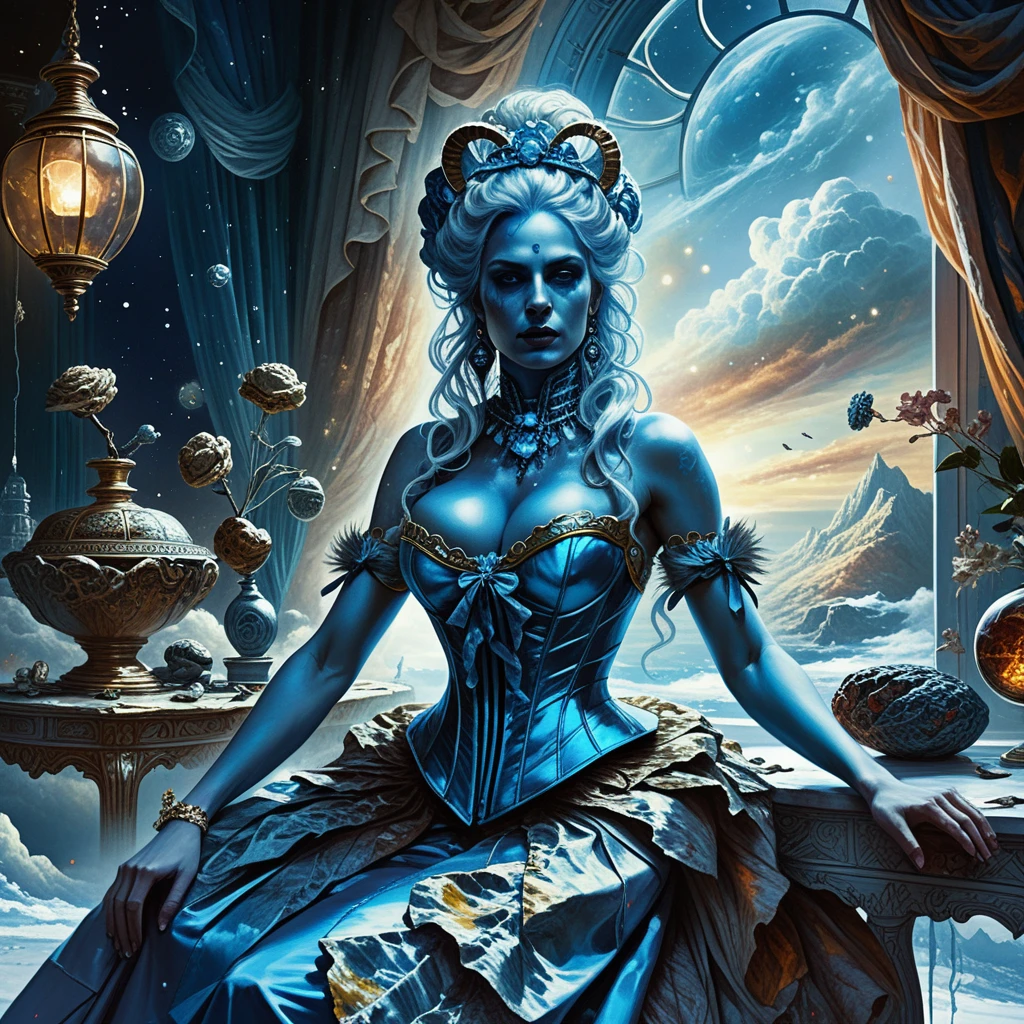 Fantasy duchess with white lion in opulent boudoir