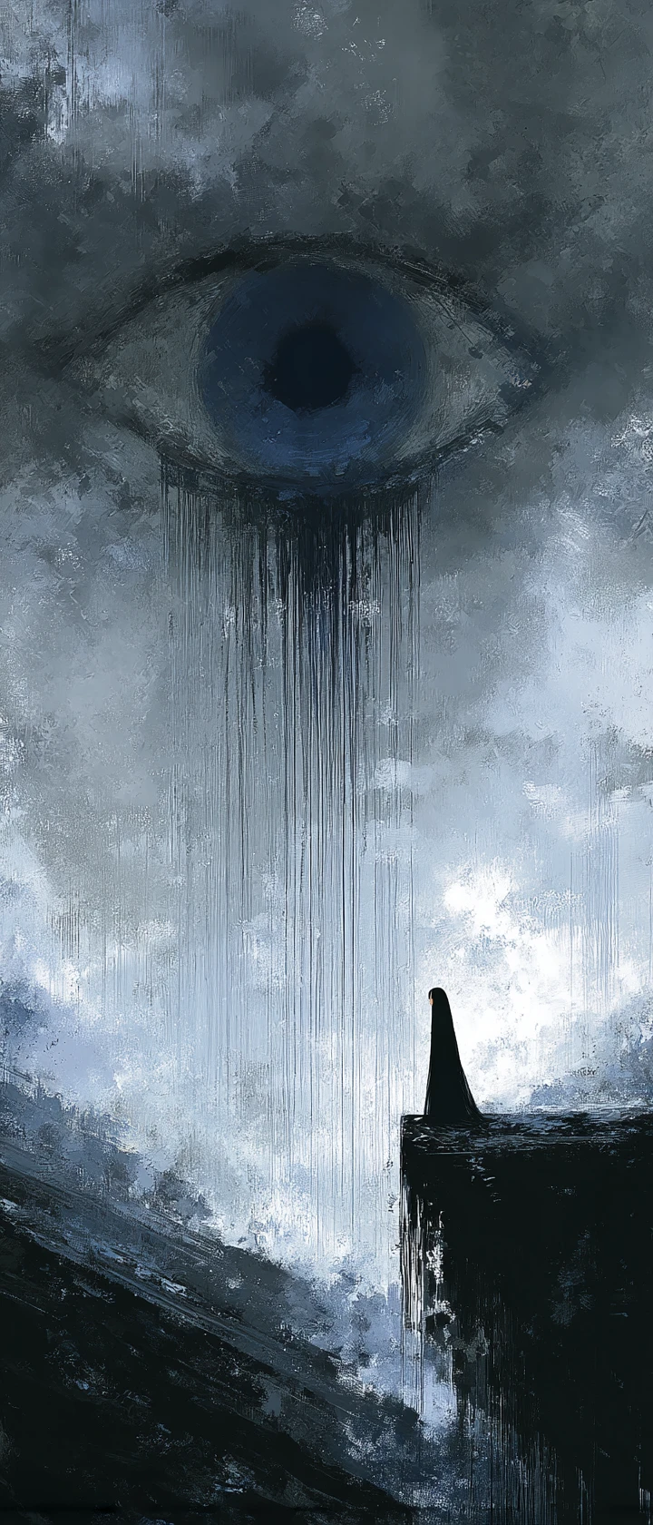 Lonely anime wanderer facing a colossal weeping eye