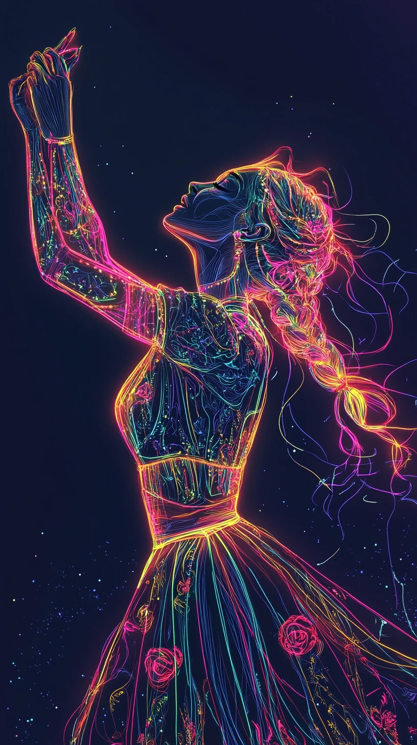 Neon outlined dancing woman with glowing geometric patterns