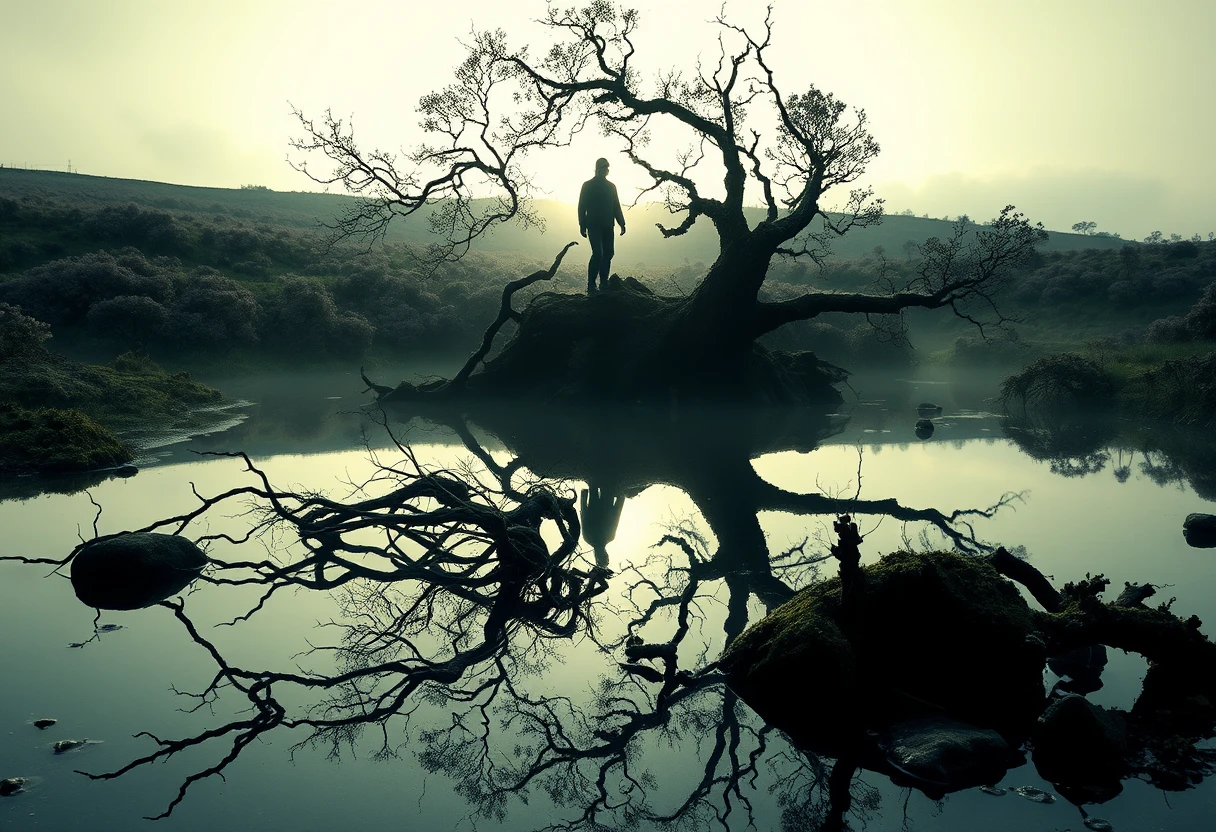 Lone figure fading into misty moor at pale dawn
