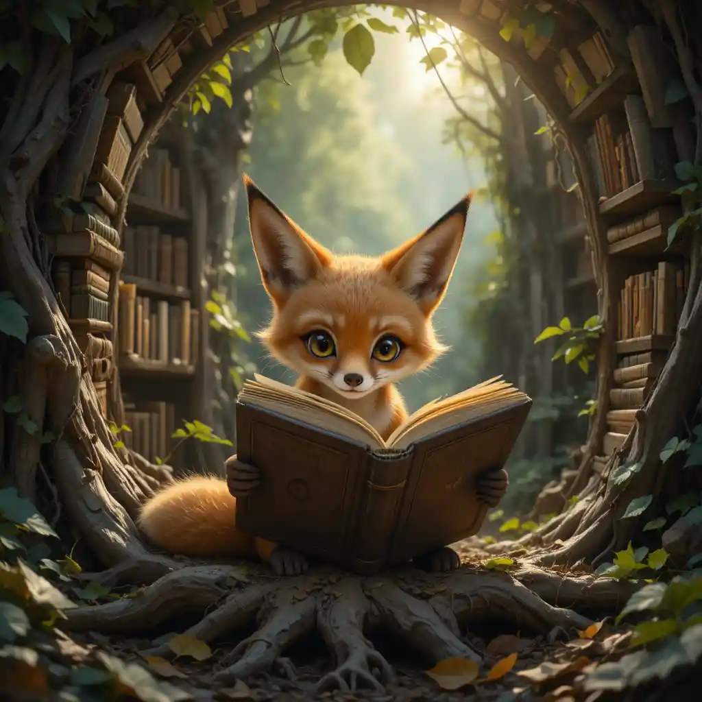 Little fox reading a giant book in a root library