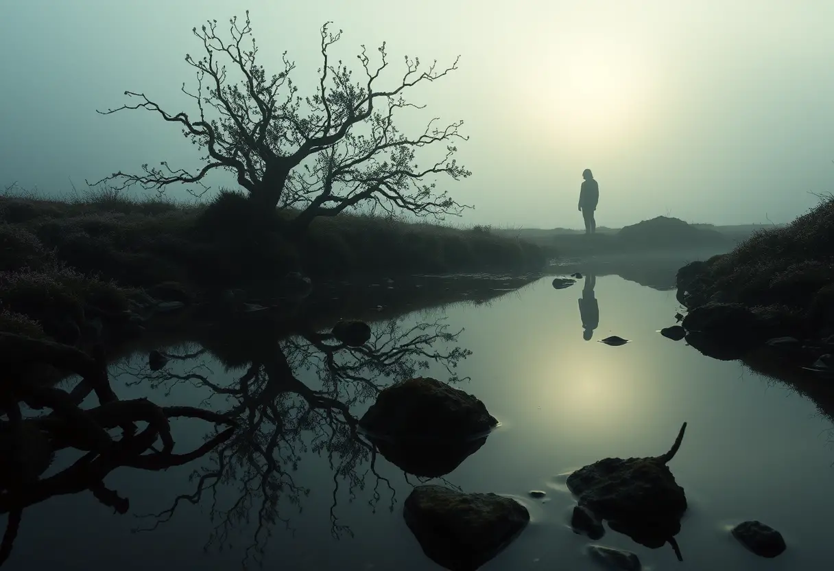 Solitary figure fading into a misty heather moor