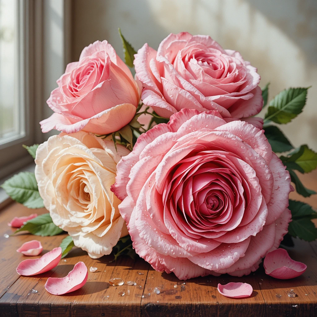 Watercolor still life of roses on a wooden table
