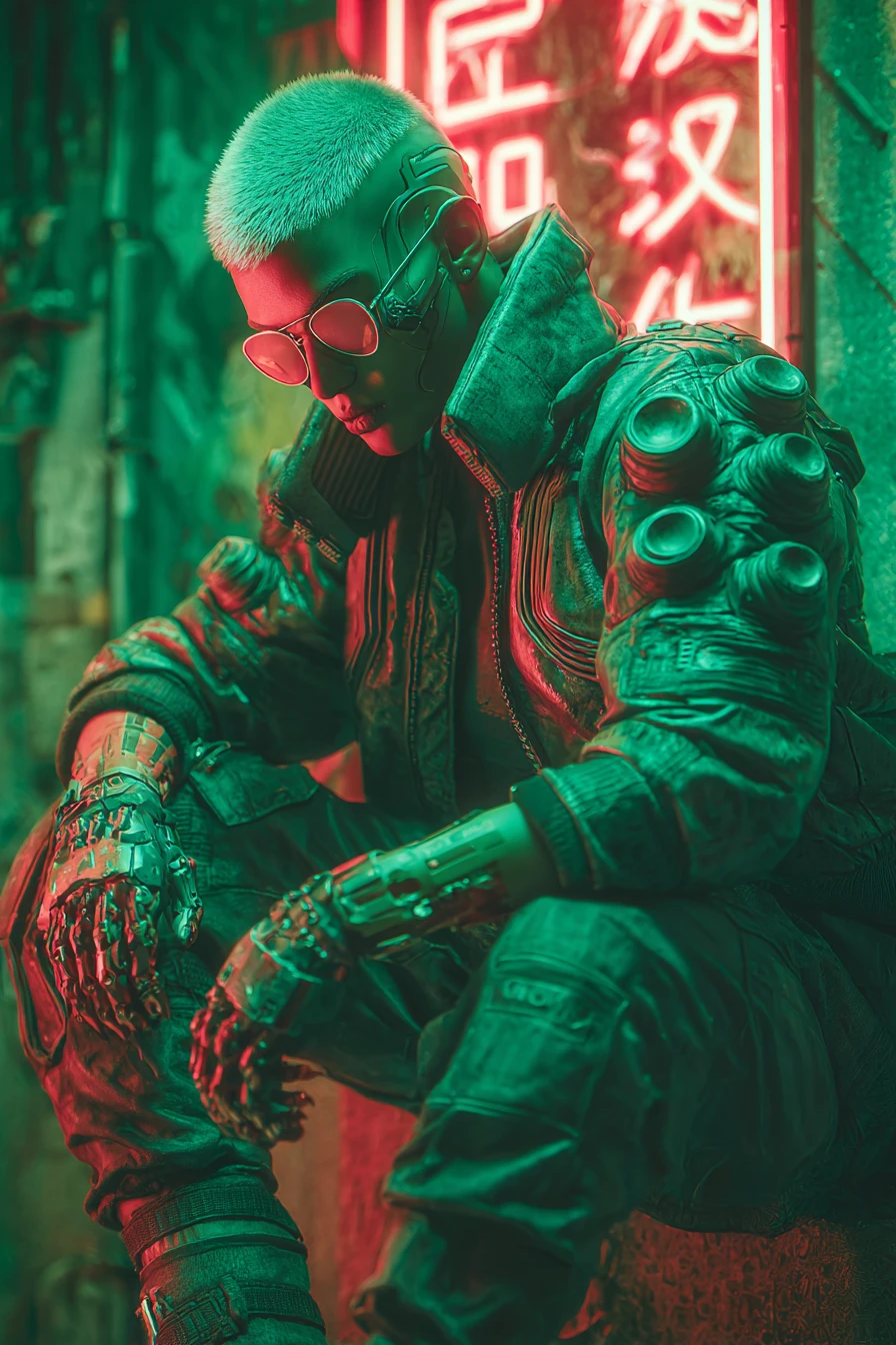 Cyberpunk woman portrait in red and green neon light