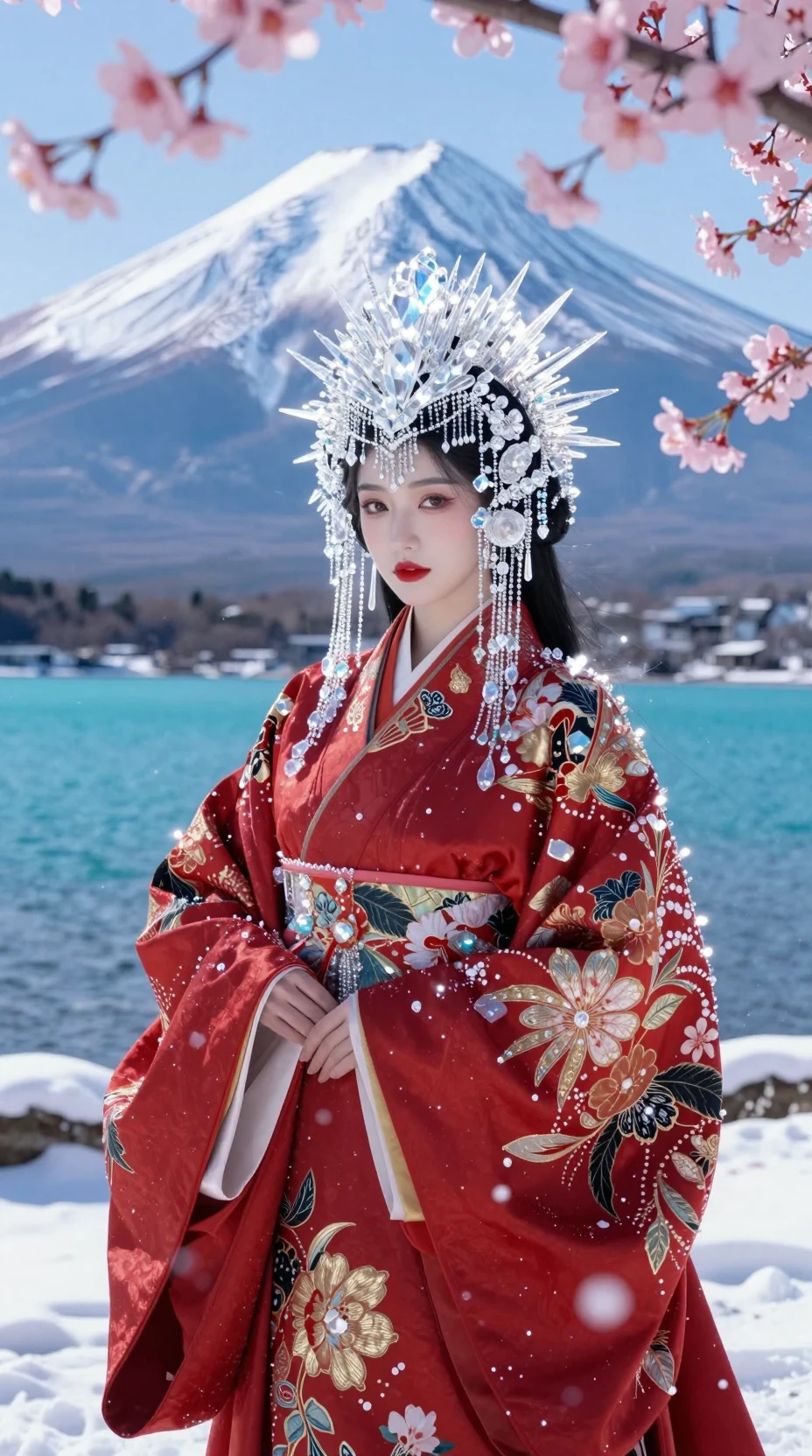 Mujer majestuosa con kimono rojo de pie bajo la nieve