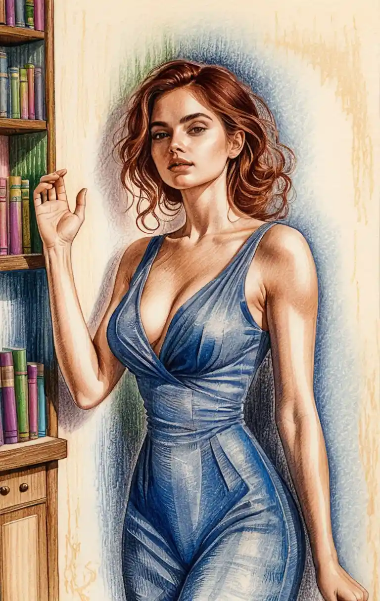 Elegant woman in blue silk robe color pencil portrait