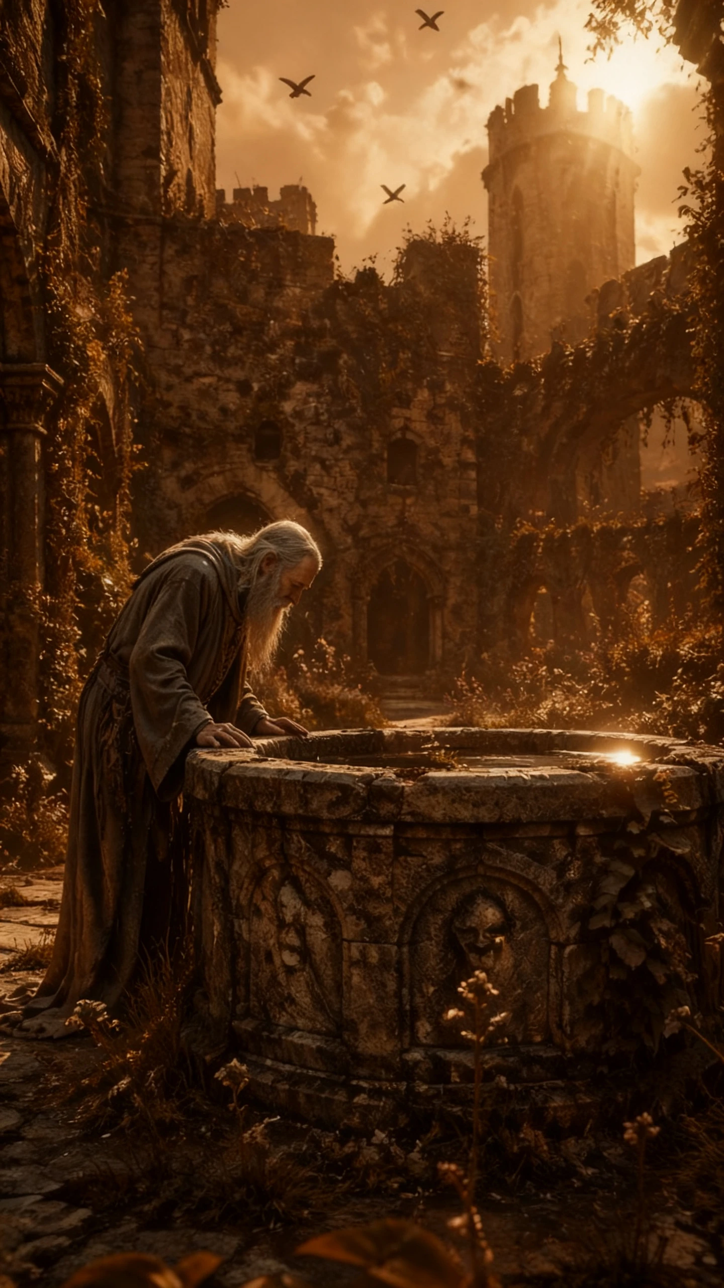 Elderly wizard leaning over a sunlit castle well