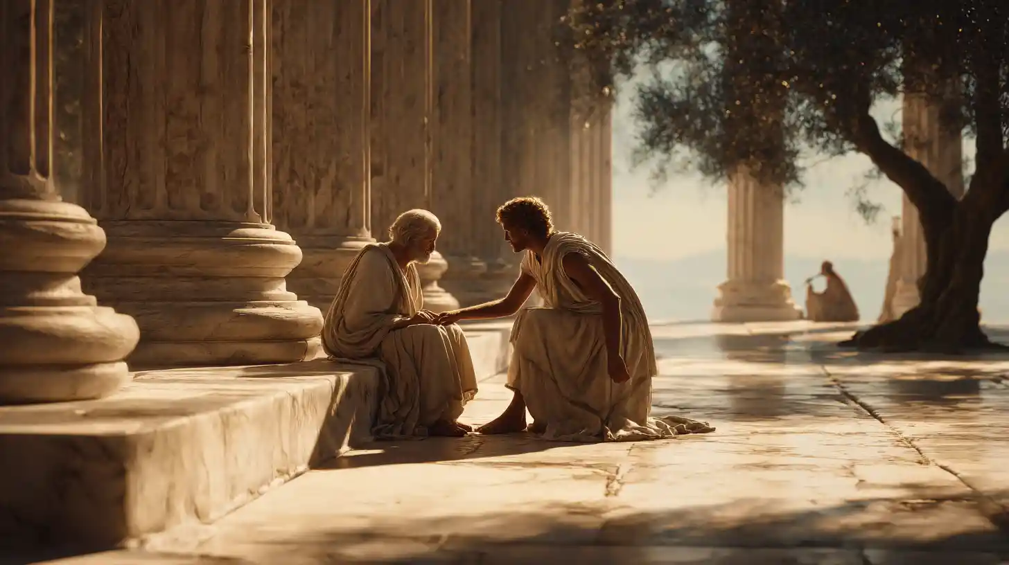 Figura giovane che aiuta una persona anziana in un tempio di marmo