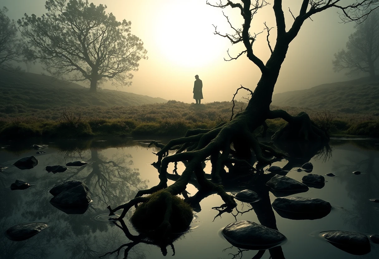Lone figure fading into a misty heather moor at dawn