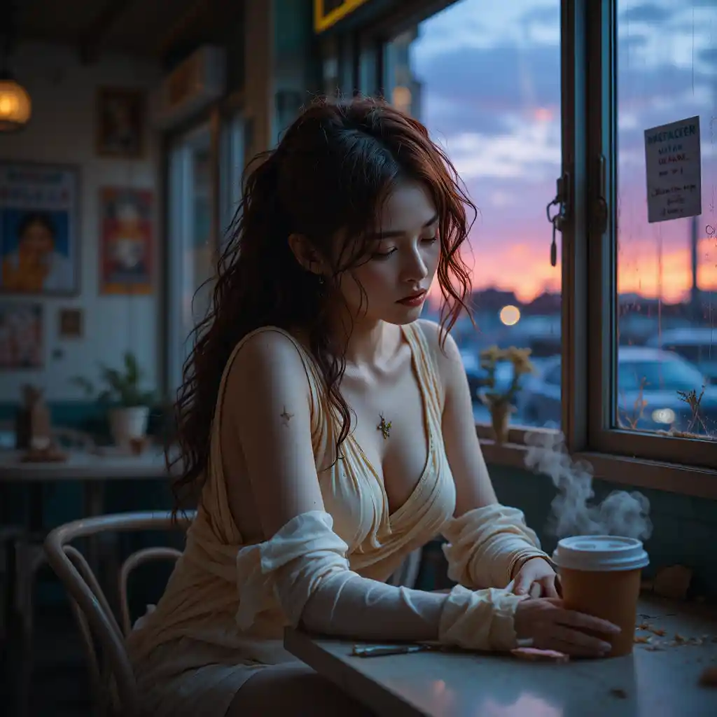 Exhausted divine woman resting in a small sunset deli