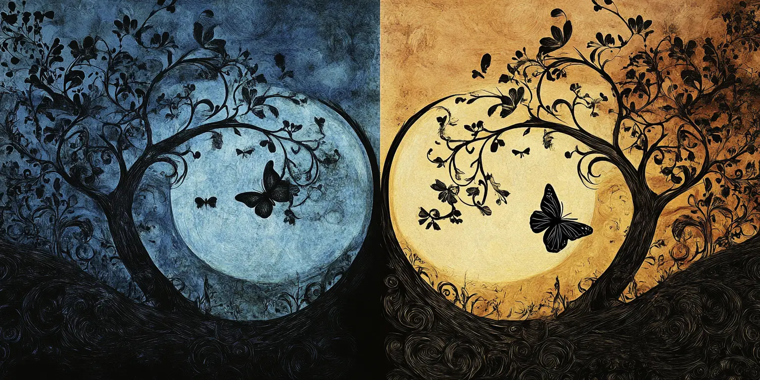 Diptychon eines mystischen Waldes, der sich um leuchtendes Mondlicht windet