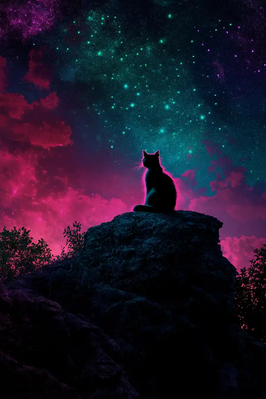 Glowing cat resting on a hill between earth and heaven