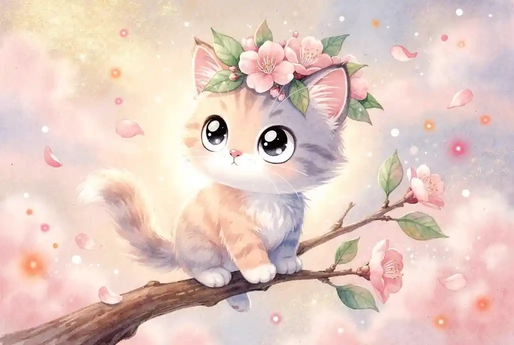 Cute watercolor kitten with cherry blossom flower crown