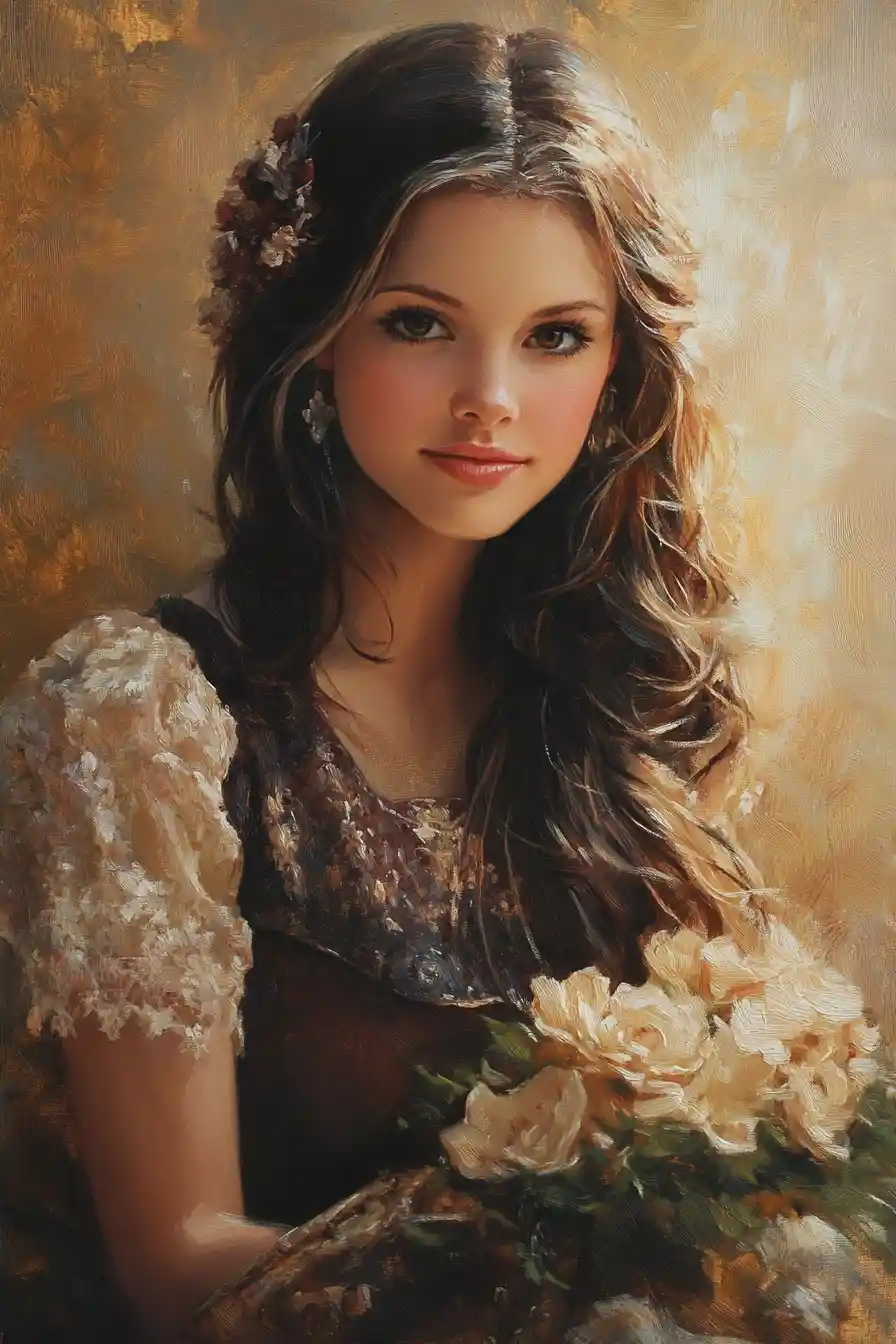 Elegant woman in baroque interior with soft golden glow