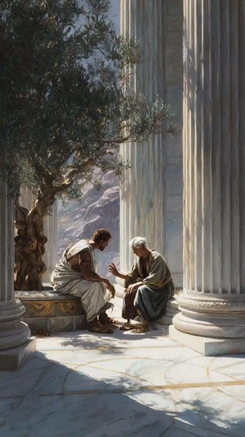 Giovane uomo che aiuta un anziano in un tempio antico