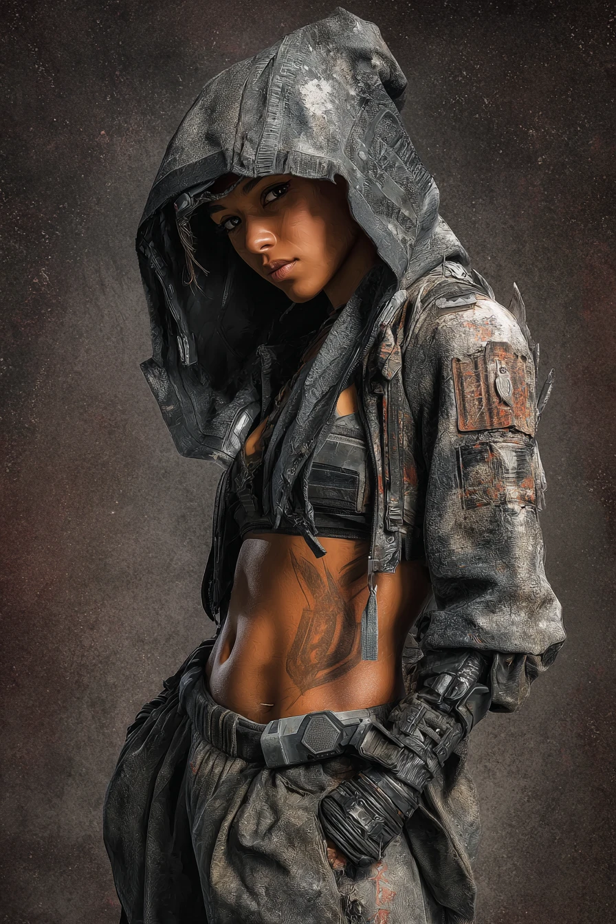 Mystical warrior maiden in futuristic samurai streetwear