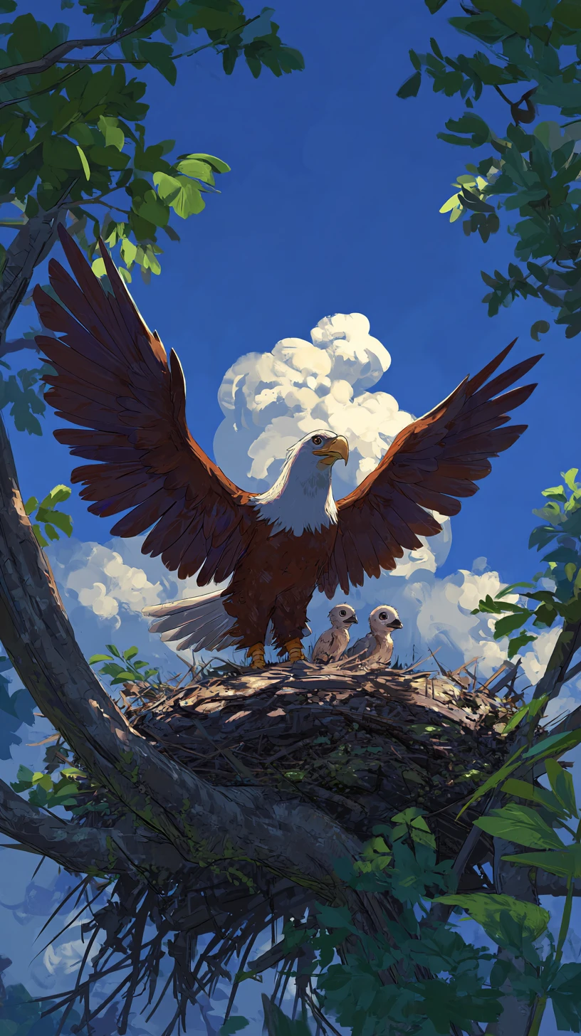 Águila majestuosa que protege a sus crías en un nido en la copa de un árbol