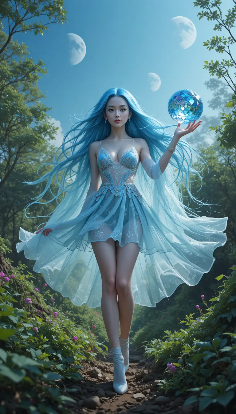 月光森林中的藍髮女巫與發光法球