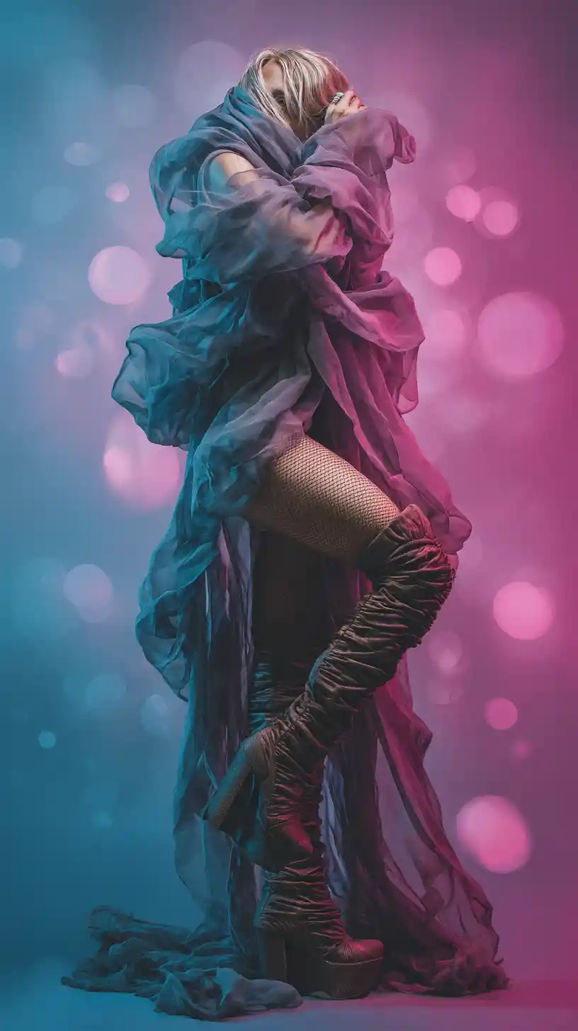 Blonde man veiled in chiffon with dramatic full body pose