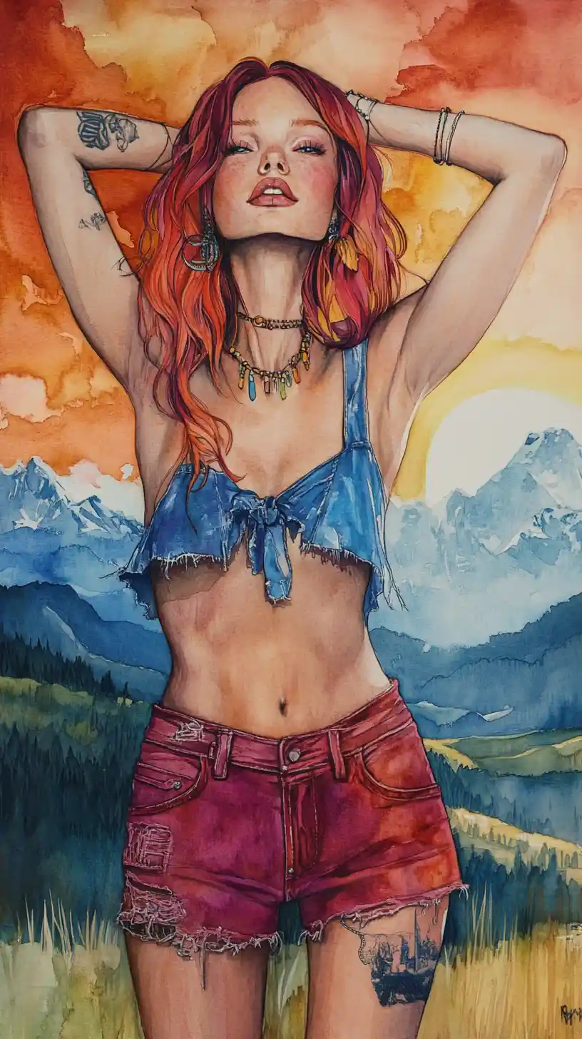 Smiling red haired woman playing accordion in mountains